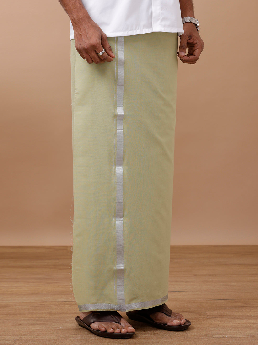 Men Cotton Blend Single Layer Light Green Dhoti with Silver Jari Border