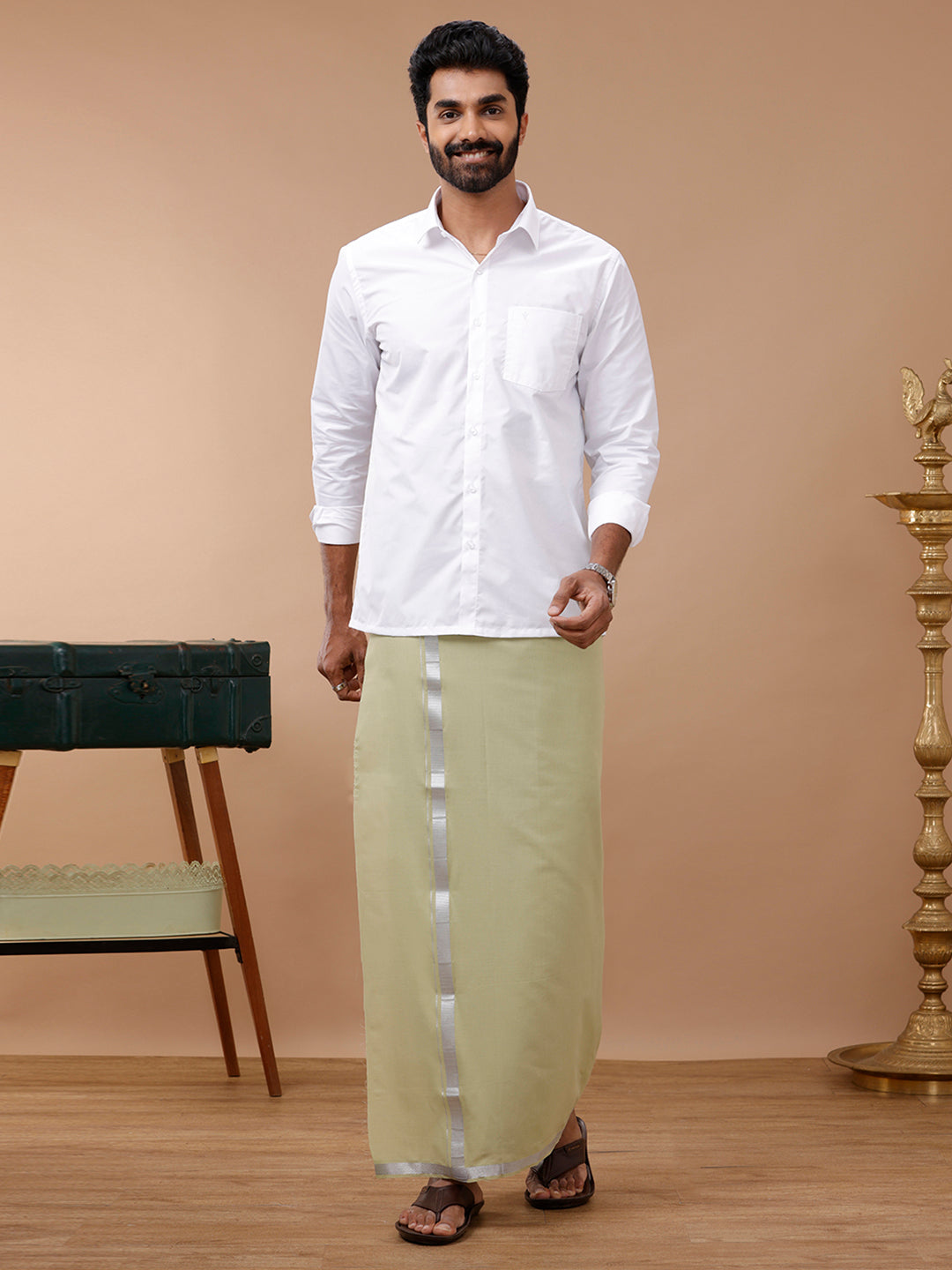Men Cotton Blend Single Layer Light Green Dhoti with Silver Jari Border