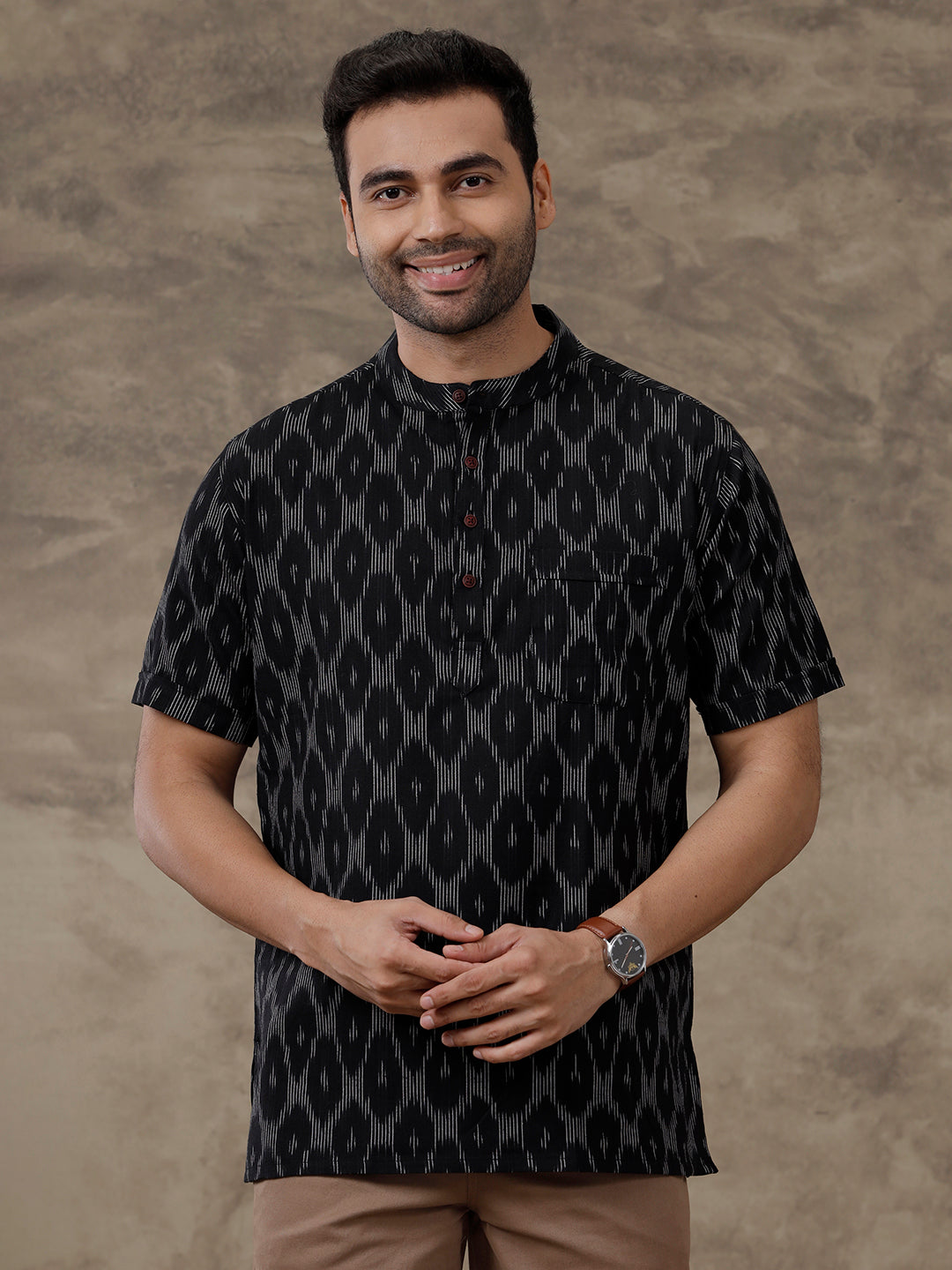 Cotton Short Length Printed Pocket Kurta Black PB25