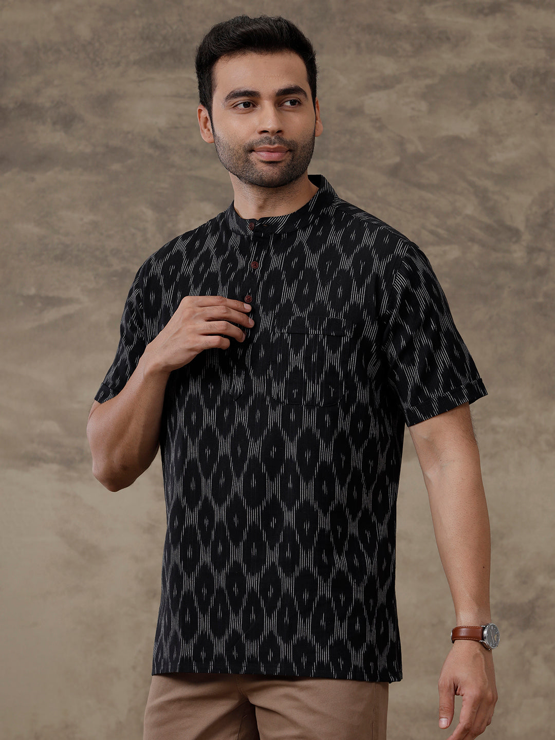 Cotton Short Length Printed Pocket Kurta Black PB25