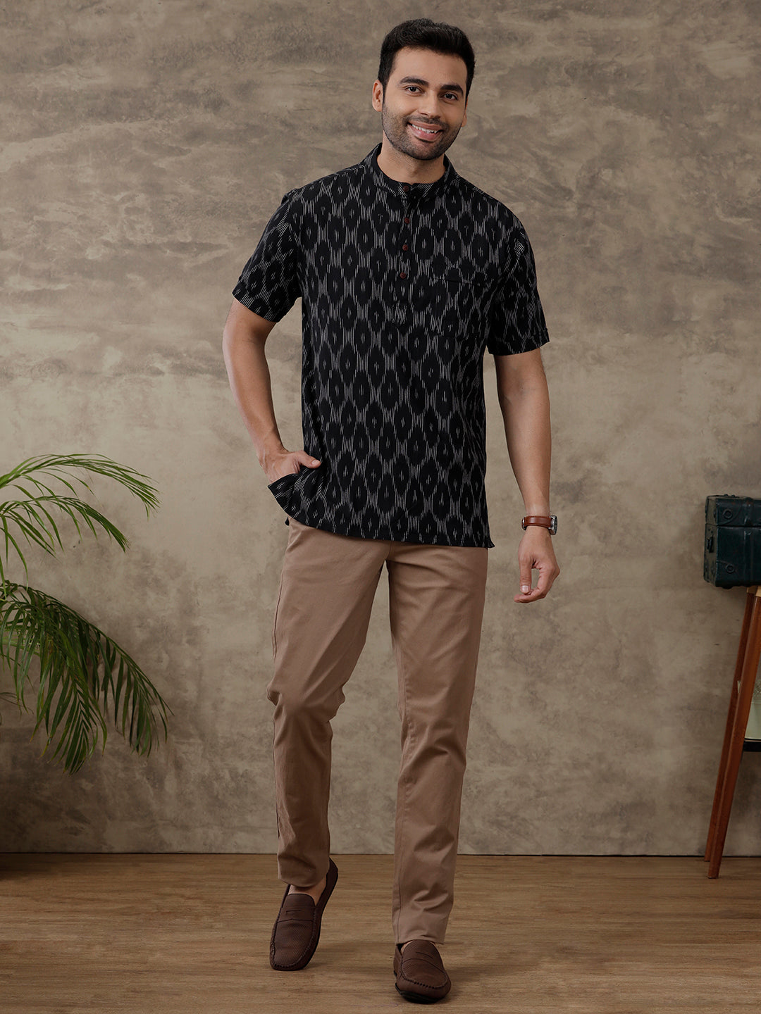 Cotton Short Length Printed Pocket Kurta Black PB25
