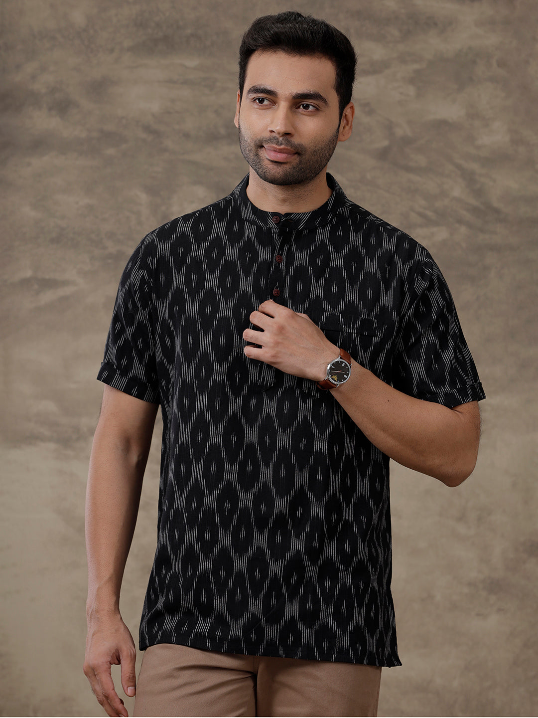 Cotton Short Length Printed Pocket Kurta Black PB25