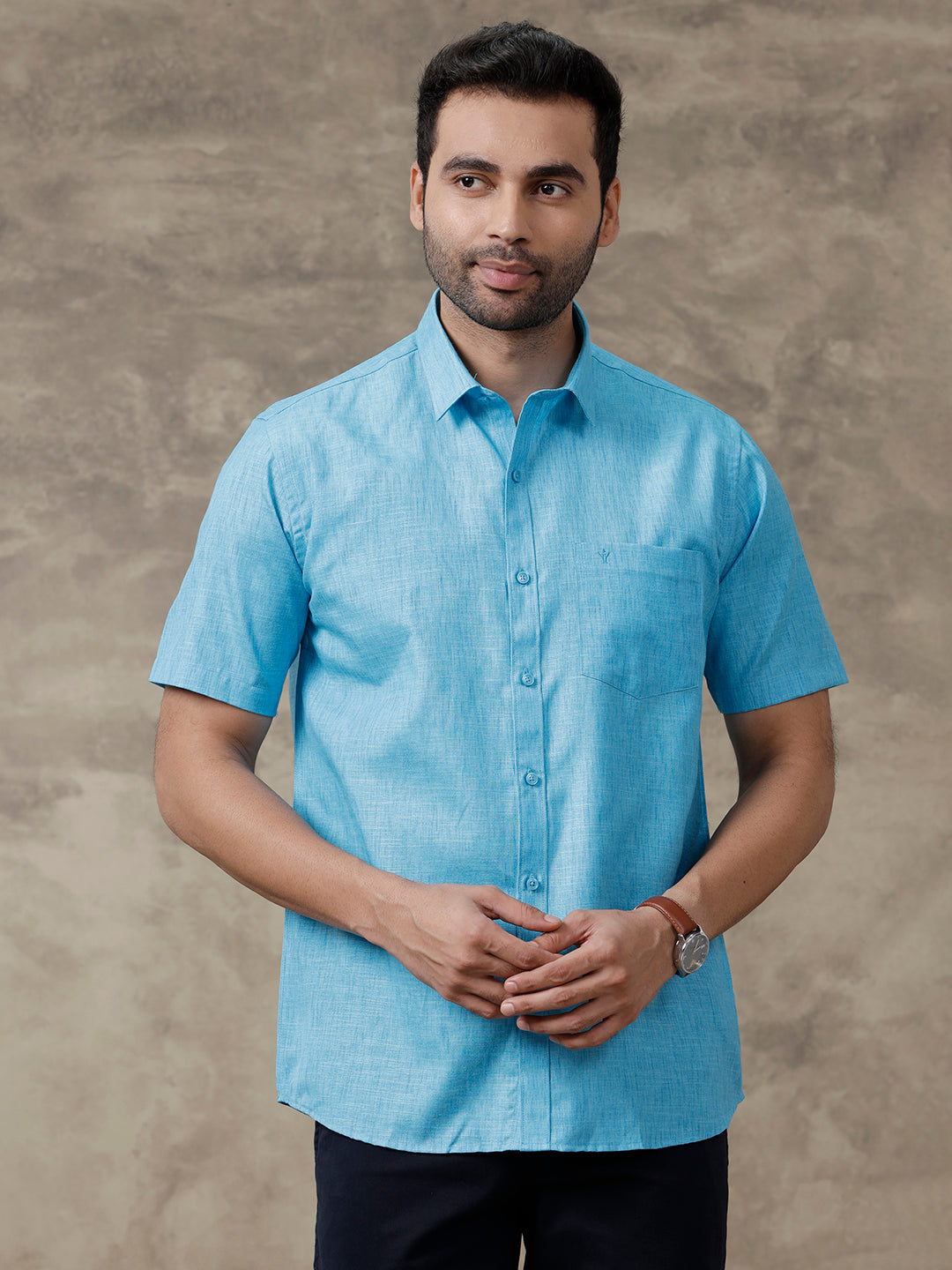 Men Cotton Rich Half Sleeve Shirt Dark Sky Blue T12 CK3