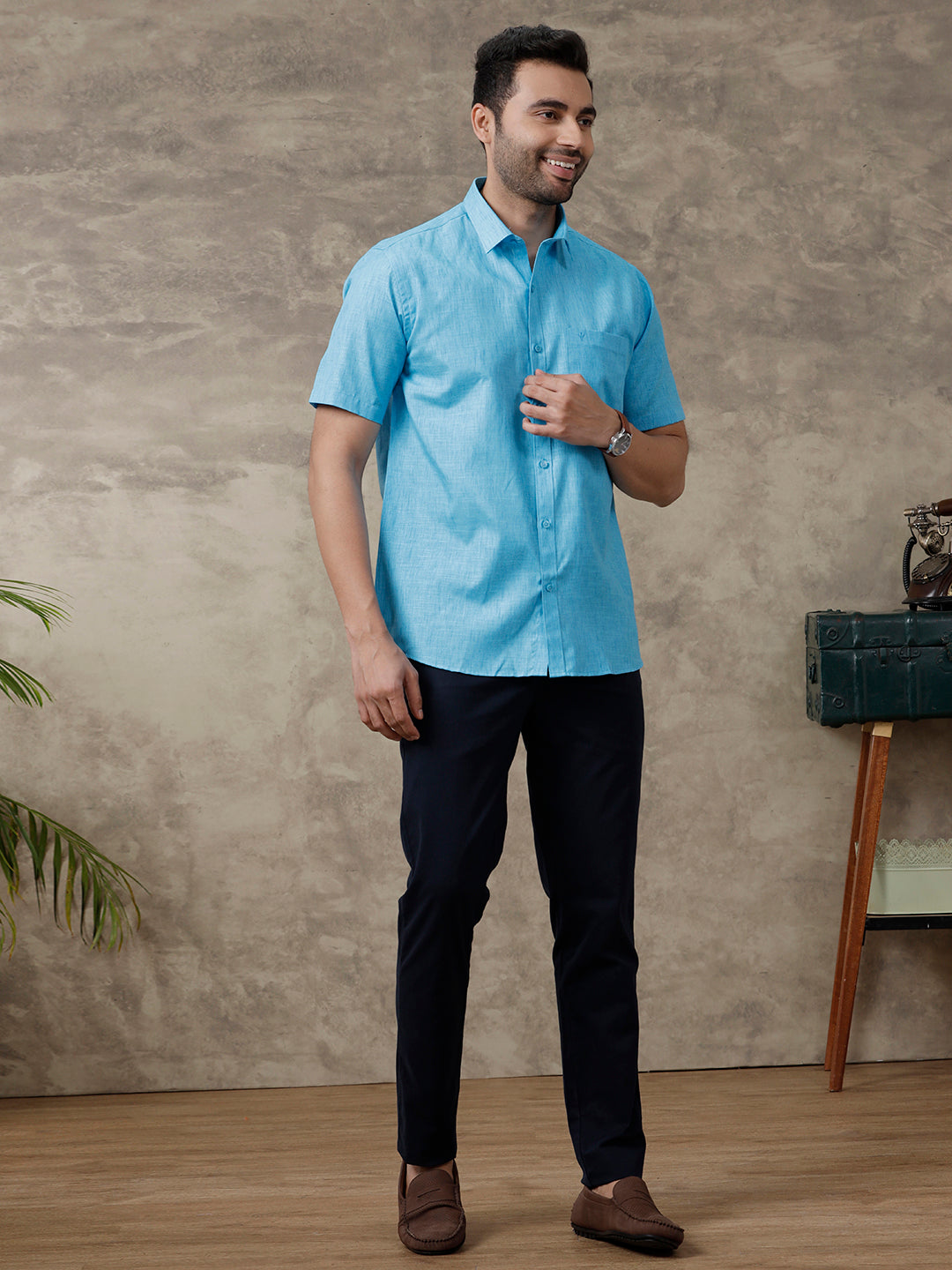 Men Cotton Rich Half Sleeve Shirt Dark Sky Blue T12 CK3