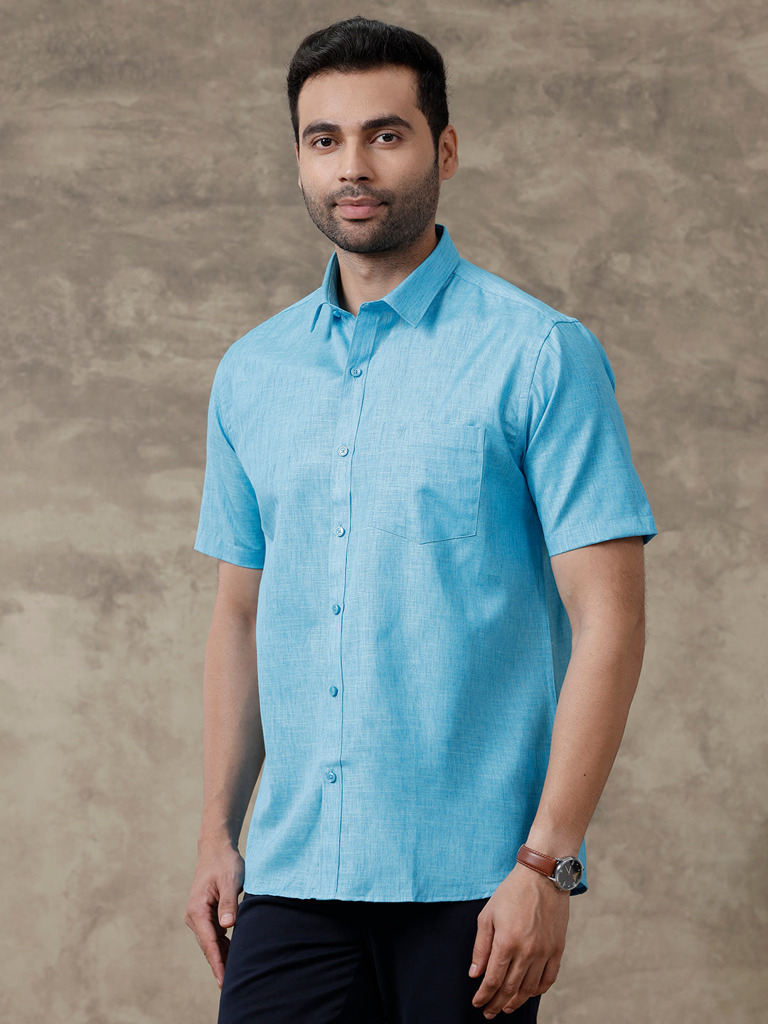 Men Cotton Rich Half Sleeve Shirt Dark Sky Blue T12 CK3