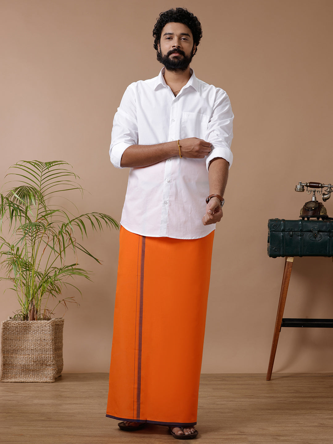 Men Cotton Blend Single Layer Orange Dhoti with Fancy Border Enrich Colour 16