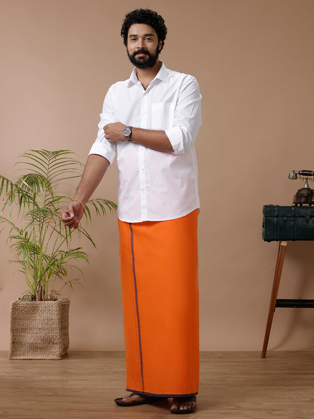Men Cotton Blend Single Layer Orange Dhoti with Fancy Border Enrich Colour 16
