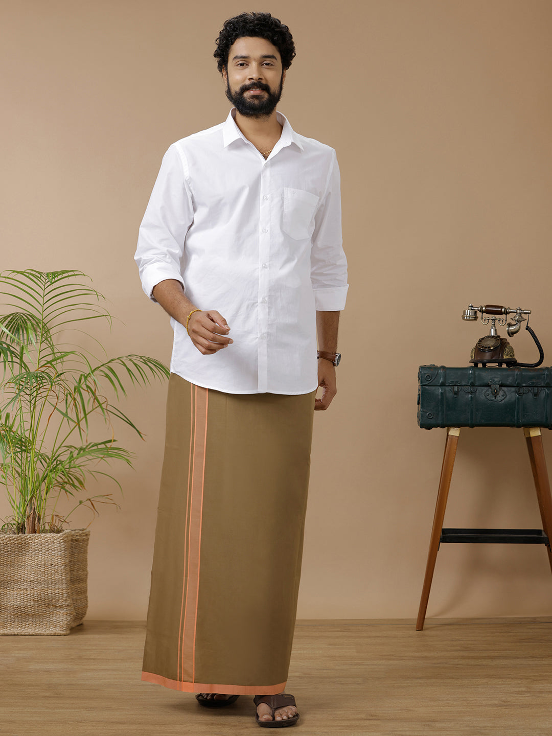 Men 100% Cotton Single Layer Tobacco Dhoti with Assorted Border Ahimsa