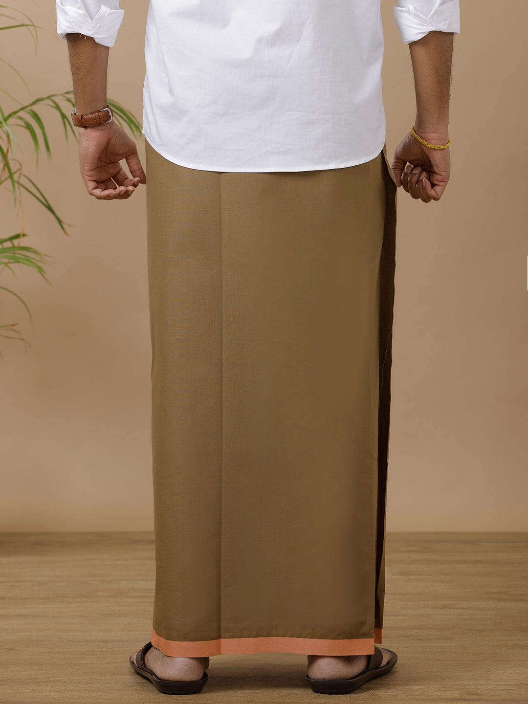 Men 100% Cotton Single Layer Tobacco Dhoti with Assorted Border Ahimsa
