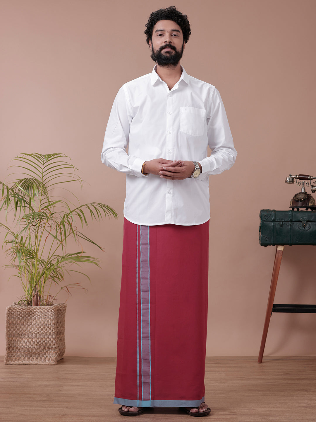 Men White Shirt with Single Layer Maroon Dhoti Combo