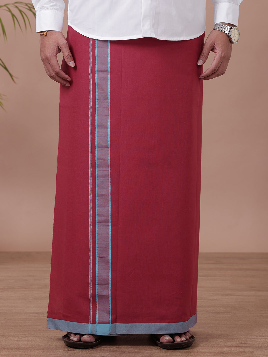 Men White Shirt with Single Layer Maroon Dhoti Combo