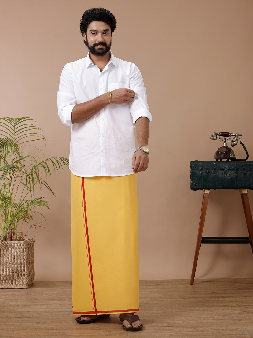 Men Cotton Blend Single Layer Yellow Dhoti with Assorted Big Border Rishi BB2