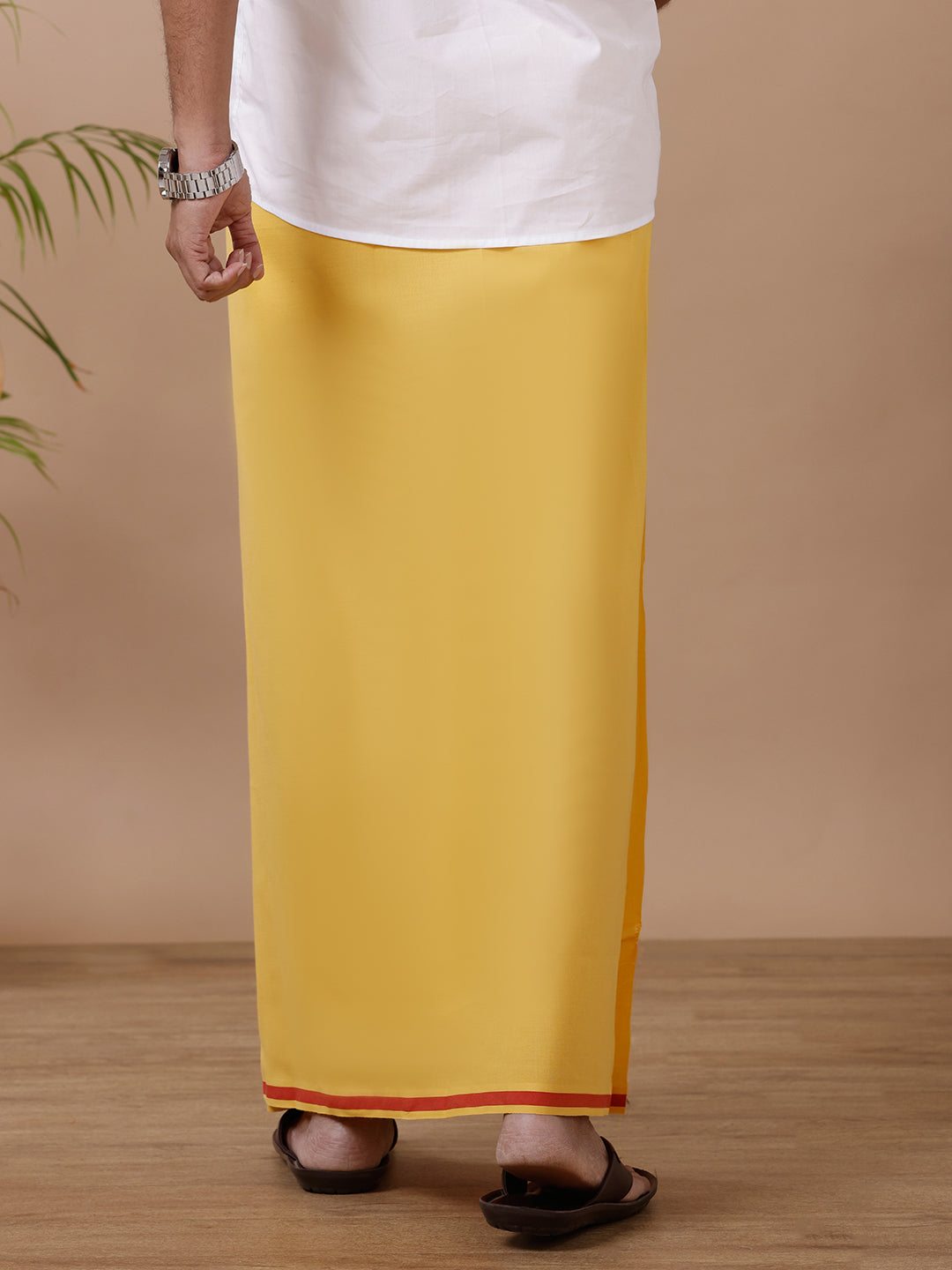 Men Cotton Blend Single Layer Yellow Dhoti with Assorted Big Border Rishi BB2