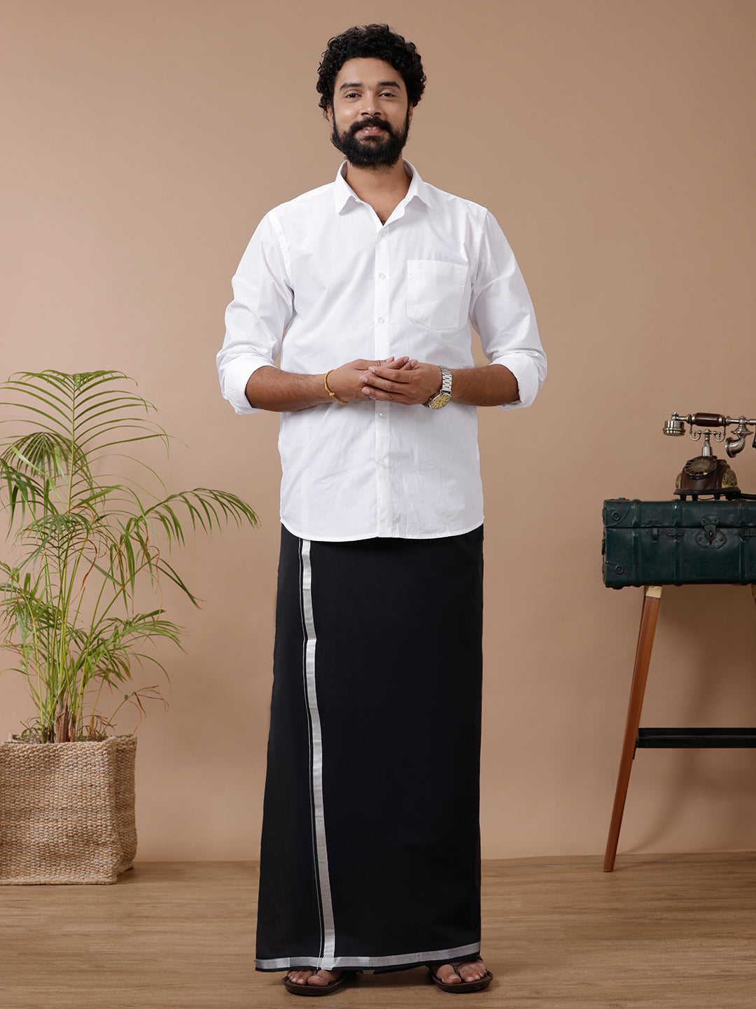 Men Cotton Blend Single Layer Silver Black Dhoti with Silver Jari Border Cosmic