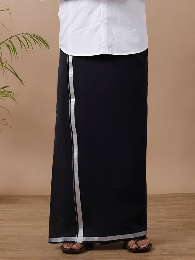 Men Cotton Blend Single Layer Silver Black Dhoti with Silver Jari Border Cosmic