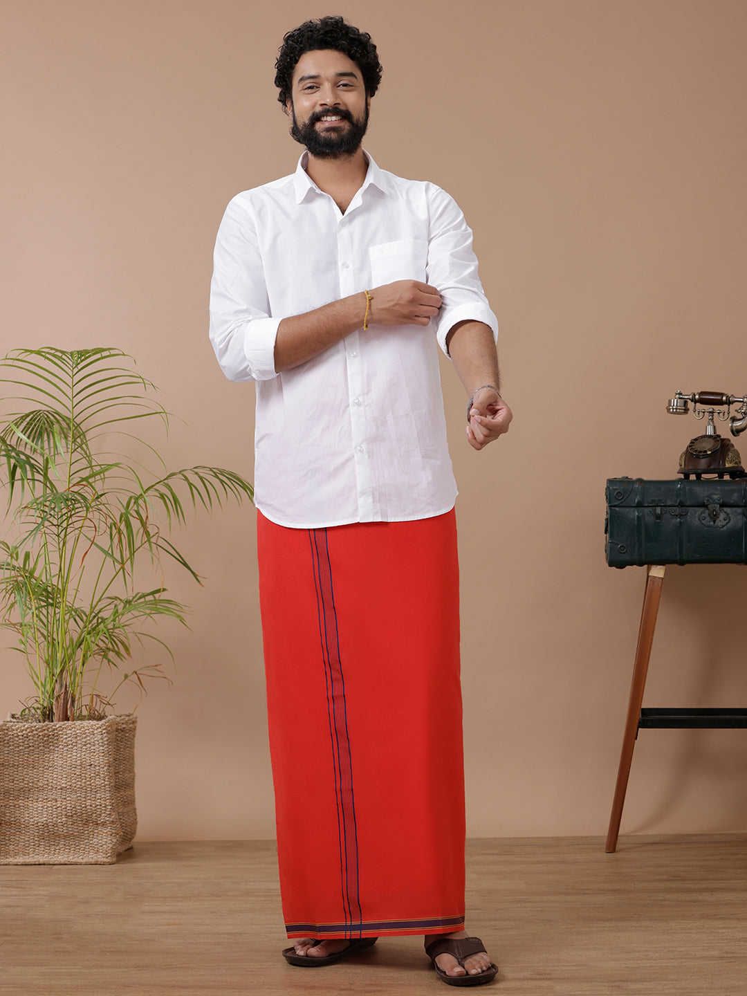 Men Cotton Blend Single Layer Red Dhoti with Fancy Border Charming Line Colour 11