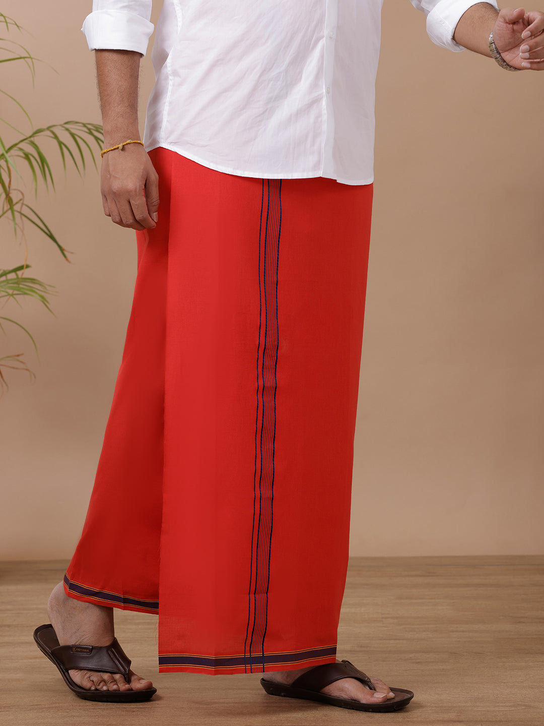 Men Cotton Blend Single Layer Red Dhoti with Fancy Border Charming Line Colour 11