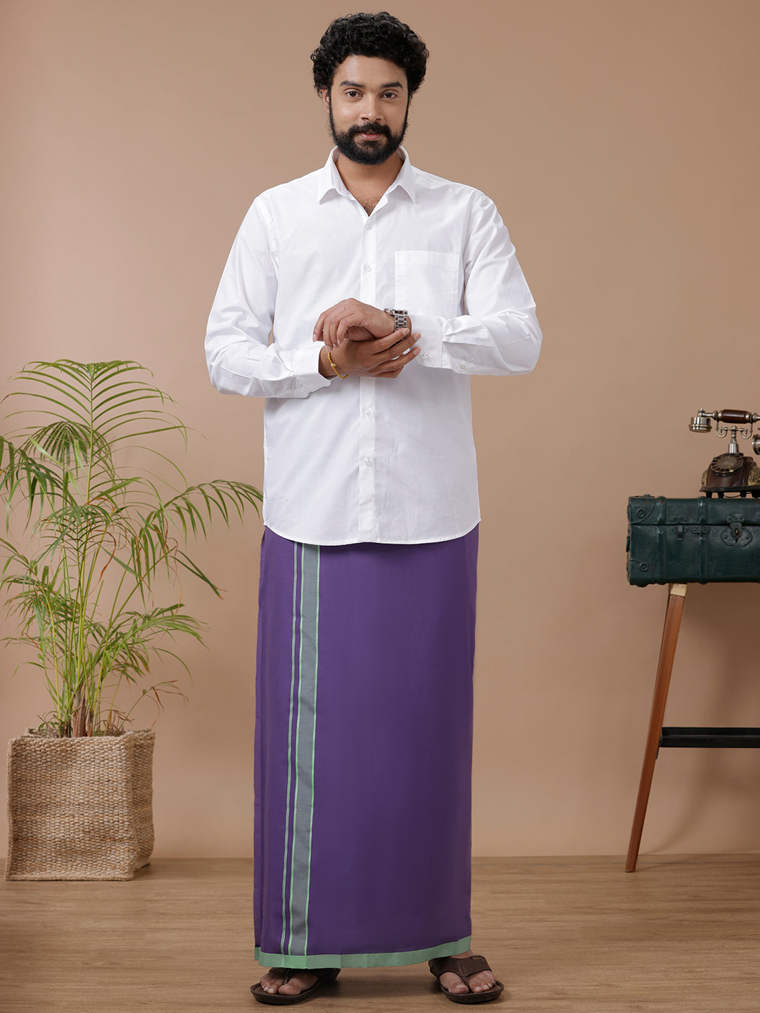 Men White Shirt with Single Layer Violet Dhoti Combo