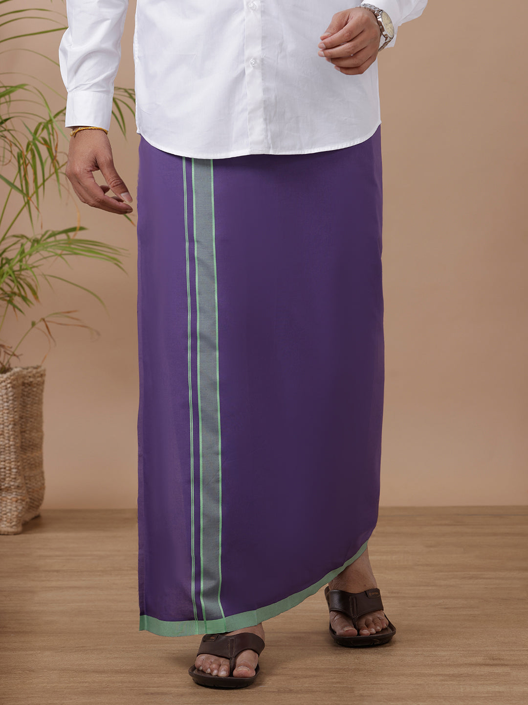 Men White Shirt with Single Layer Violet Dhoti Combo