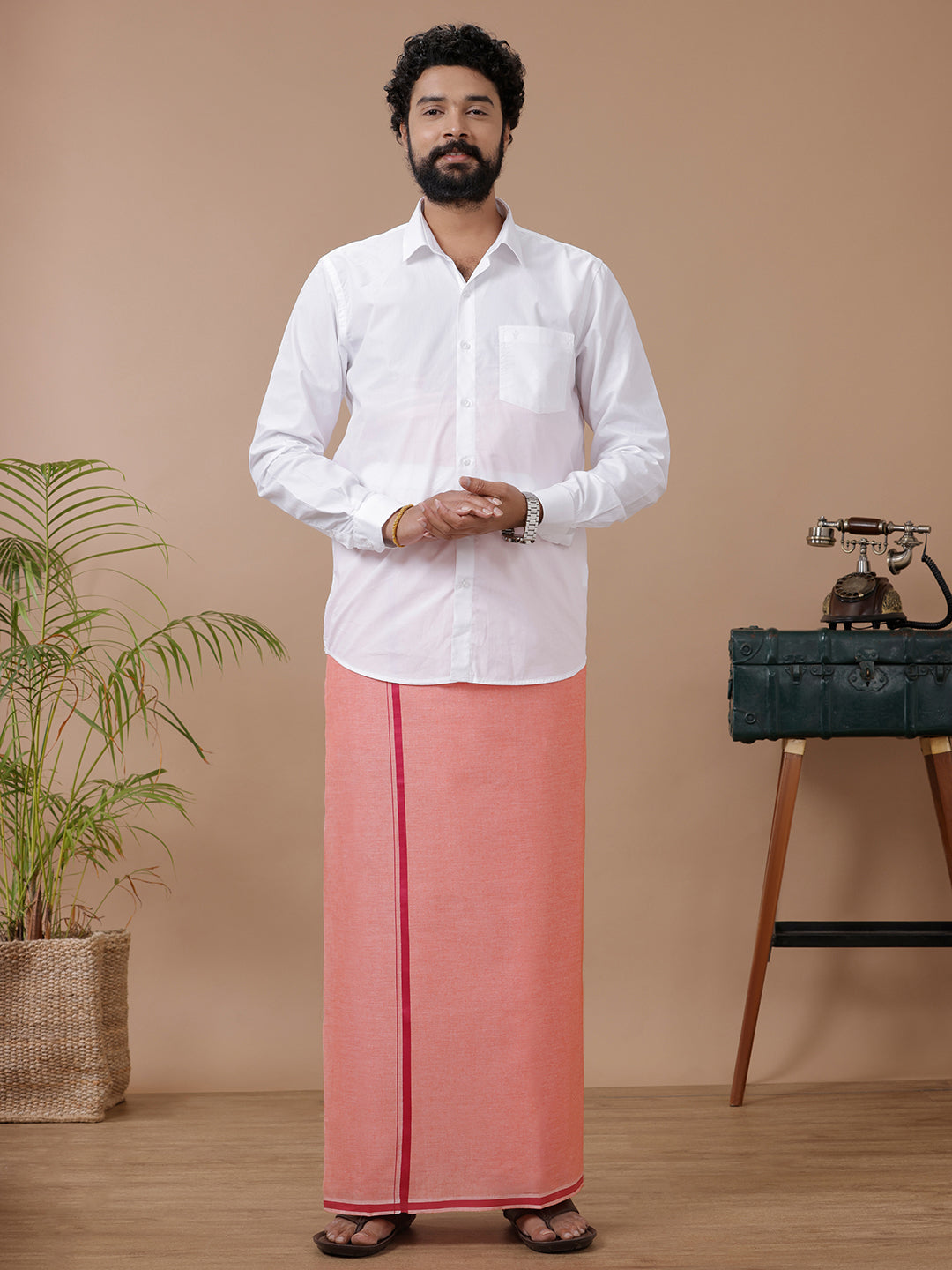 Men Cotton Blend Single Layer Light Pink Dhoti with Assorted Border Rishi BB5