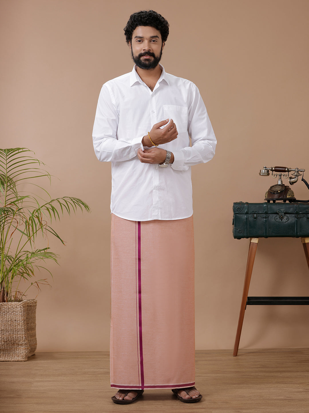 Men Cotton Blend Single Layer Light Kaavi Dhoti with Assorted Border Yogi BB1