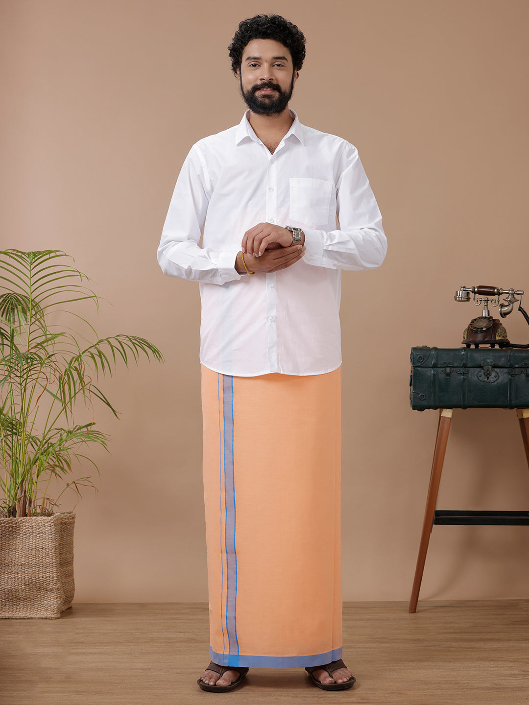 Men White Shirt with Single Layer Coral Dhoti Combo
