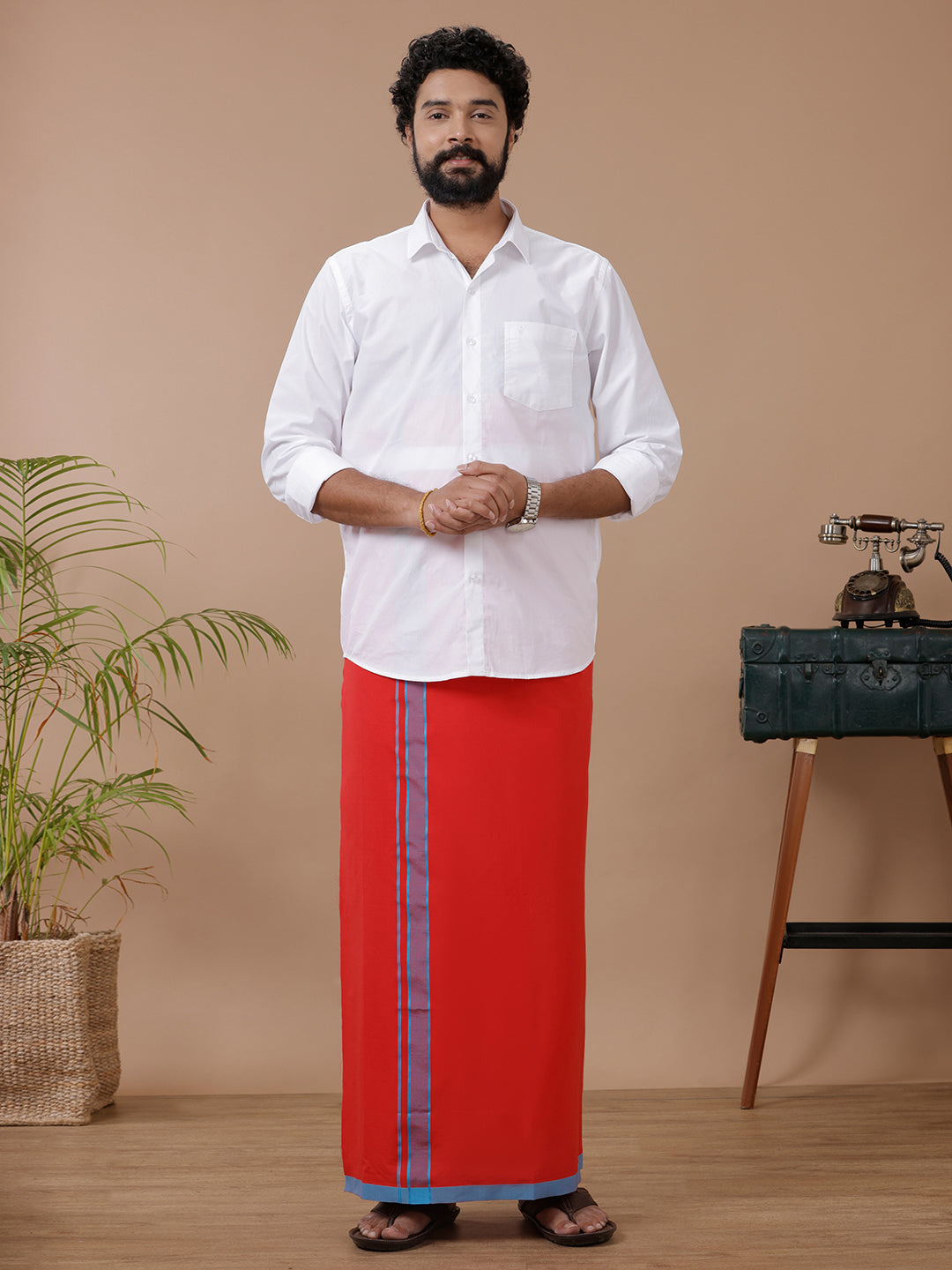 Men 100% Cotton Single Layer Red Dhoti with Assorted Border Ahimsa