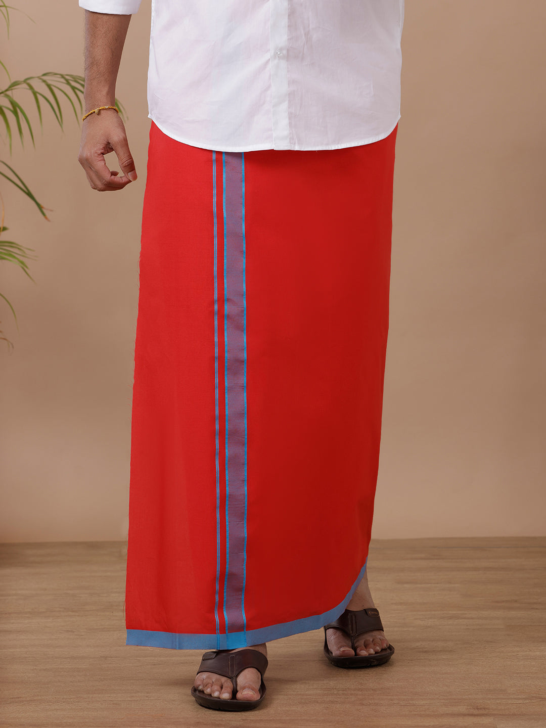 Men 100% Cotton Single Layer Red Dhoti with Assorted Border Ahimsa