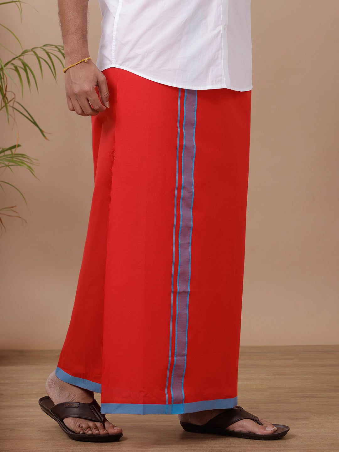 Men 100% Cotton Single Layer Red Dhoti with Assorted Border Ahimsa