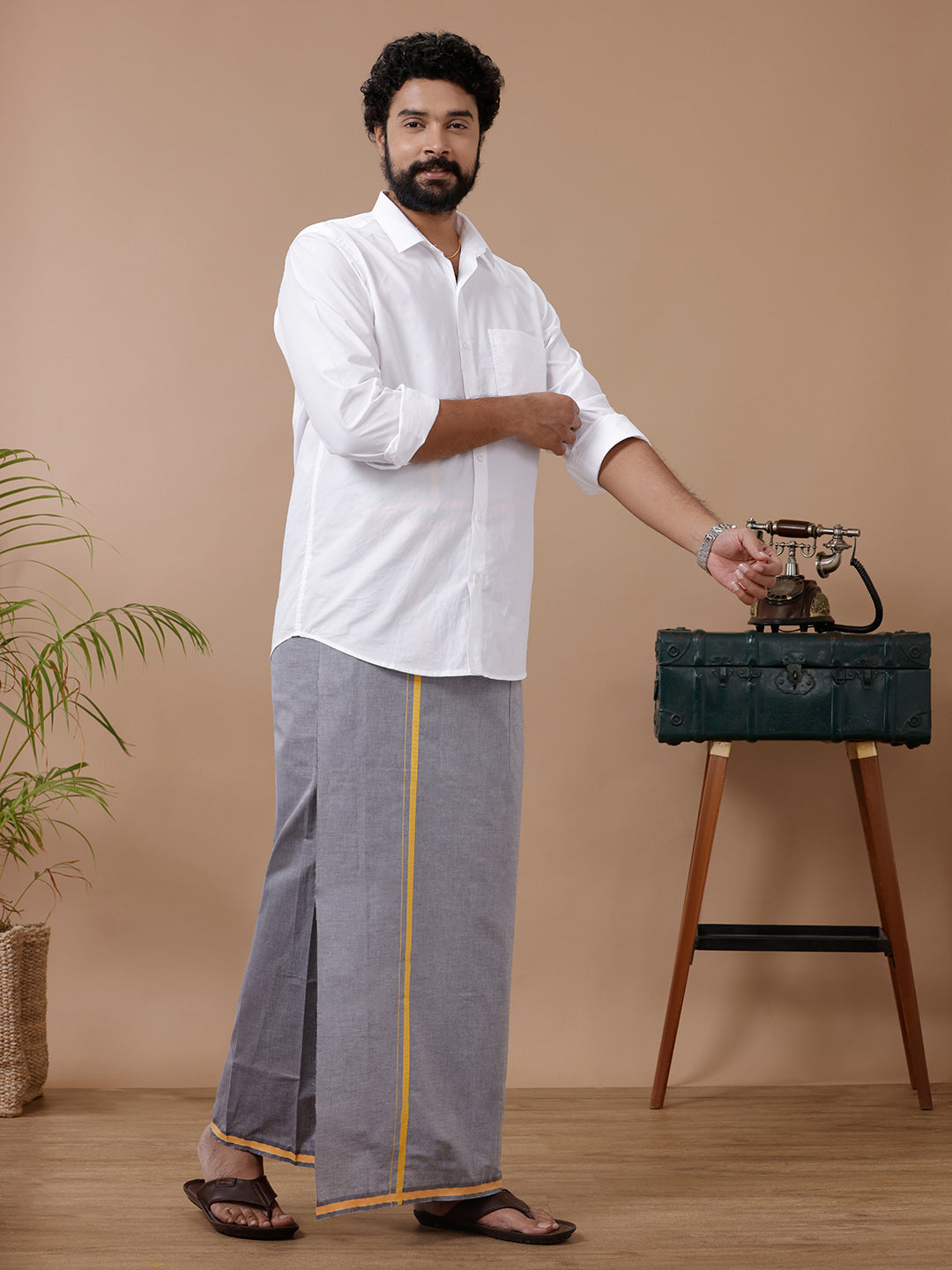 Men Cotton Blend Single Layer Grey Dhoti with Big Border YSG02