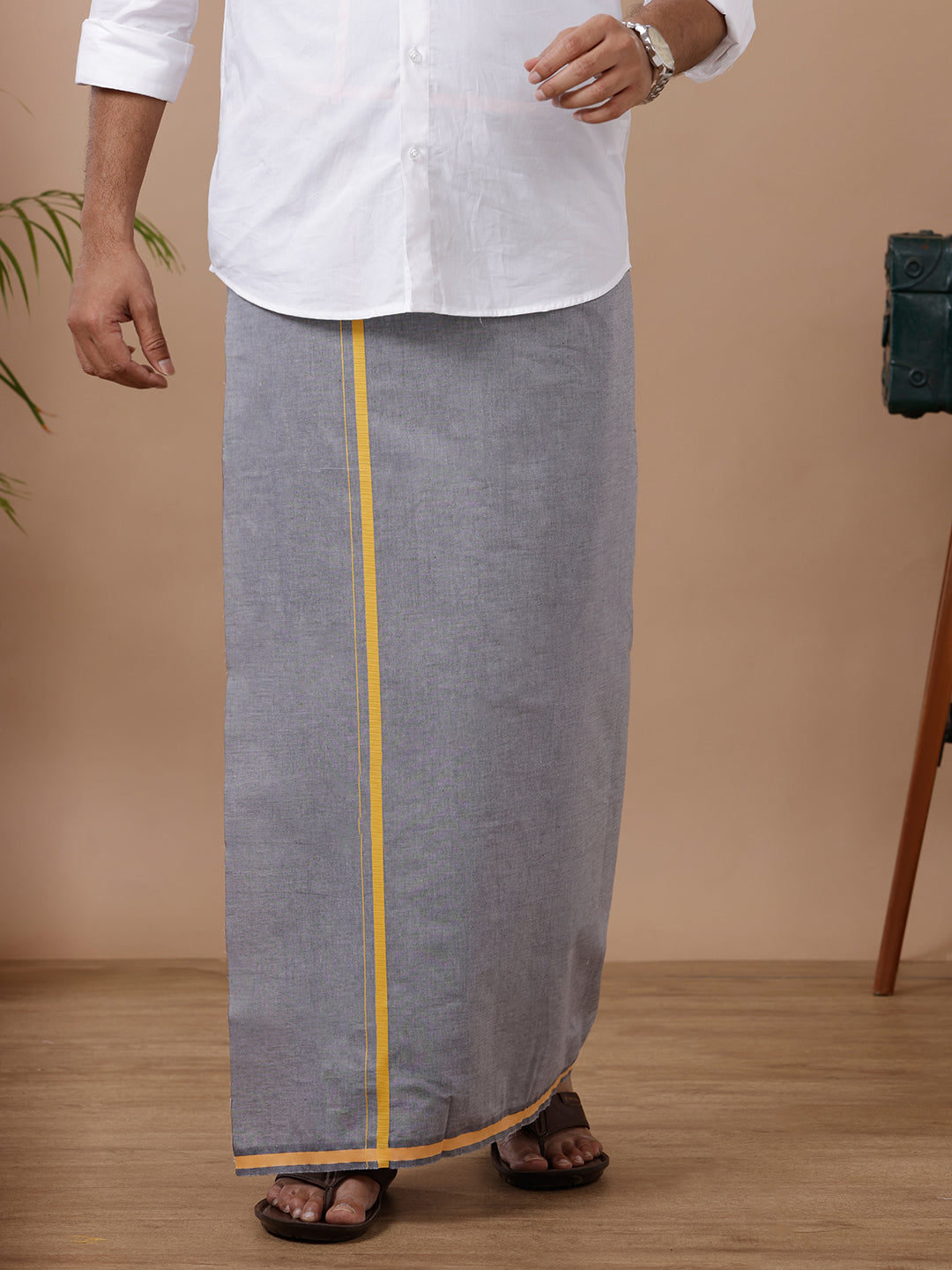 Men Cotton Blend Single Layer Grey Dhoti with Big Border YSG02