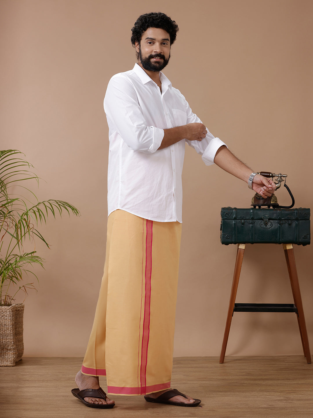 Men 100% Cotton Single Layer Light Kaavi Dhoti with Fancy Border Ahimsa