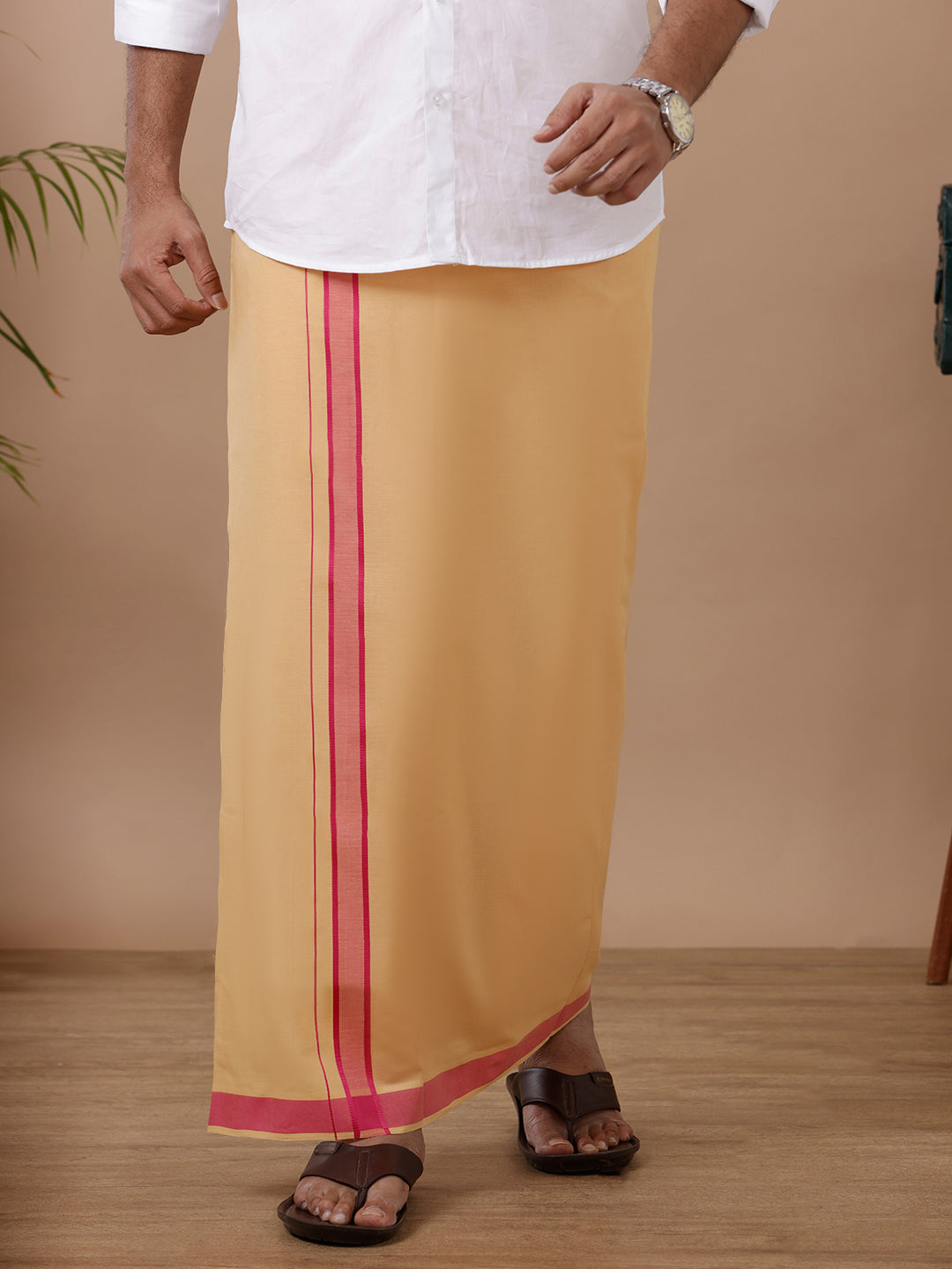 Men 100% Cotton Single Layer Light Kaavi Dhoti with Fancy Border Ahimsa