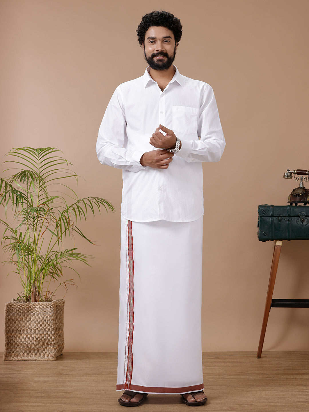 Men Cotton Blend Single Layer White Dhoti with Fancy Jari Border WSF04