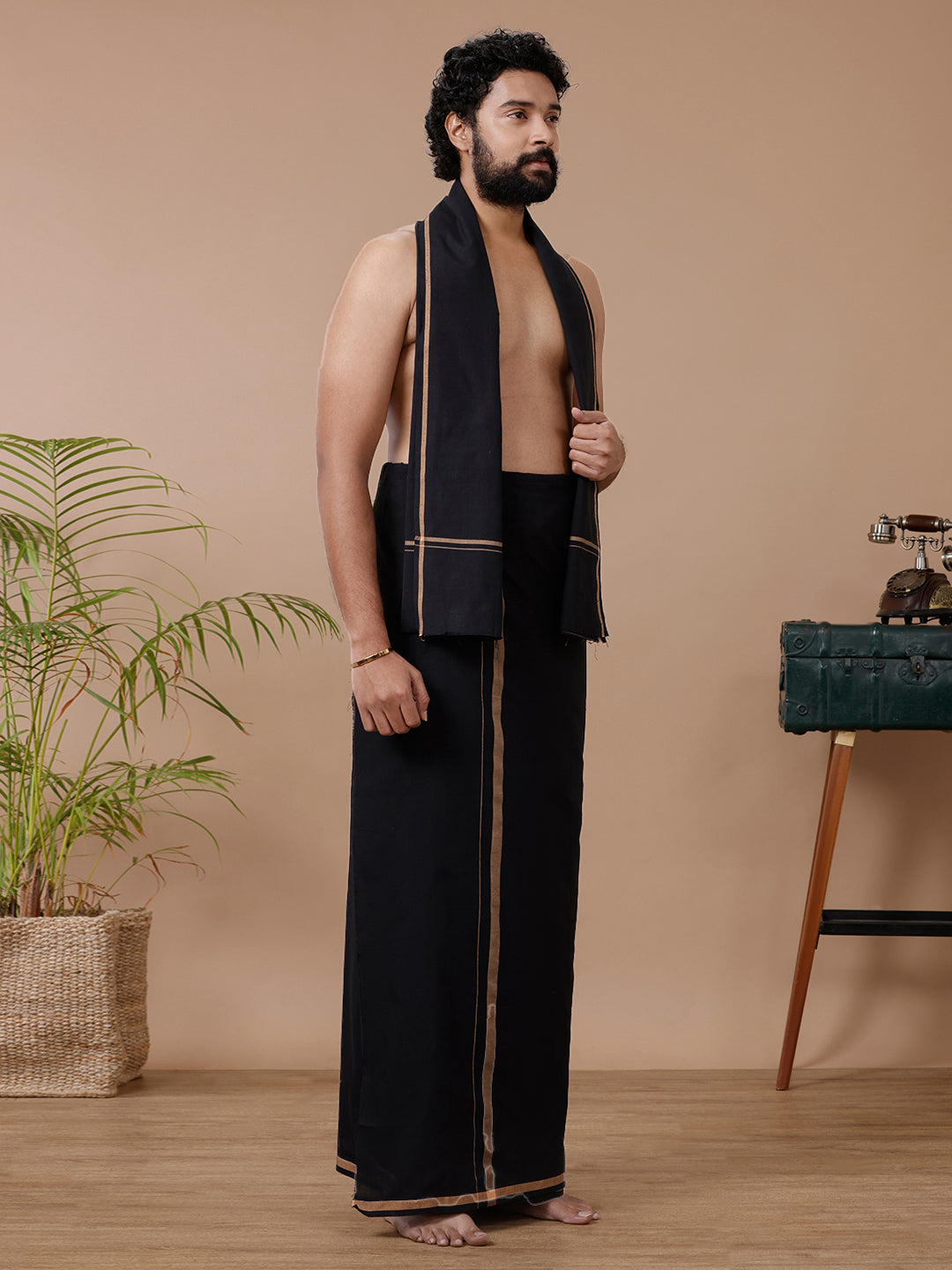Men Cotton Blend Single Layer Black Dhoti & Towel Set with Sandal Big Border Makara Jyoti