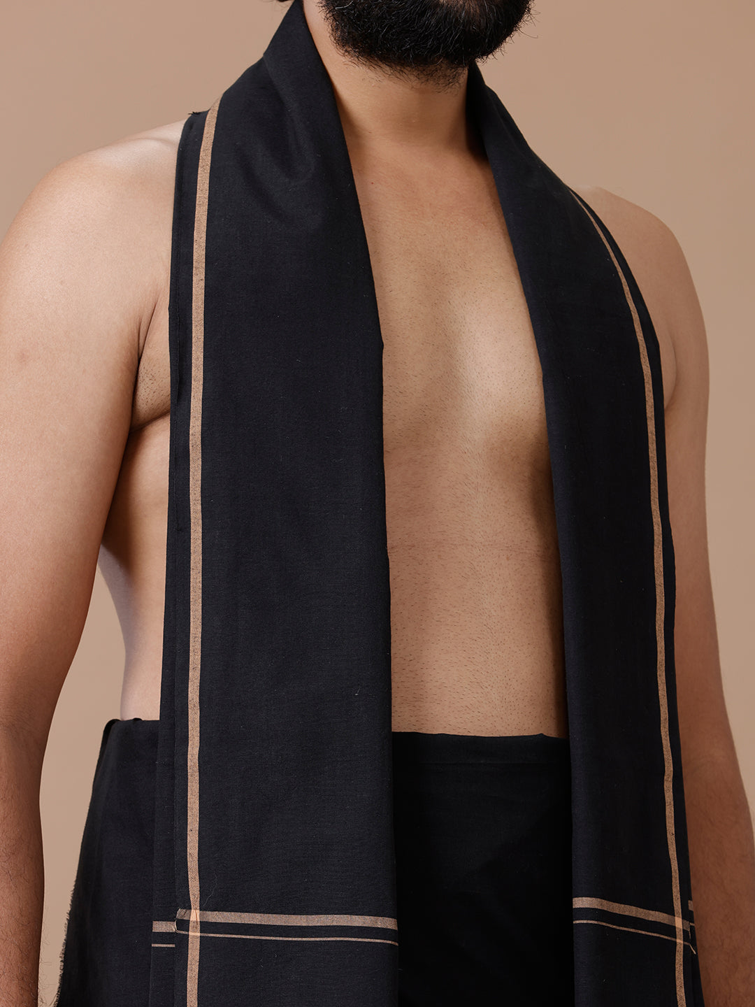 Men Cotton Blend Single Layer Black Dhoti & Towel Set with Sandal Big Border Makara Jyoti