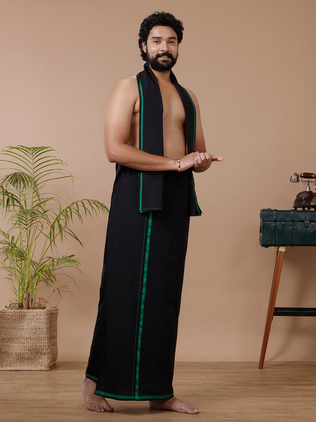 Men Cotton Blend Single Layer Black Dhoti & Towel Set with Green Big Border Makara Jyoti