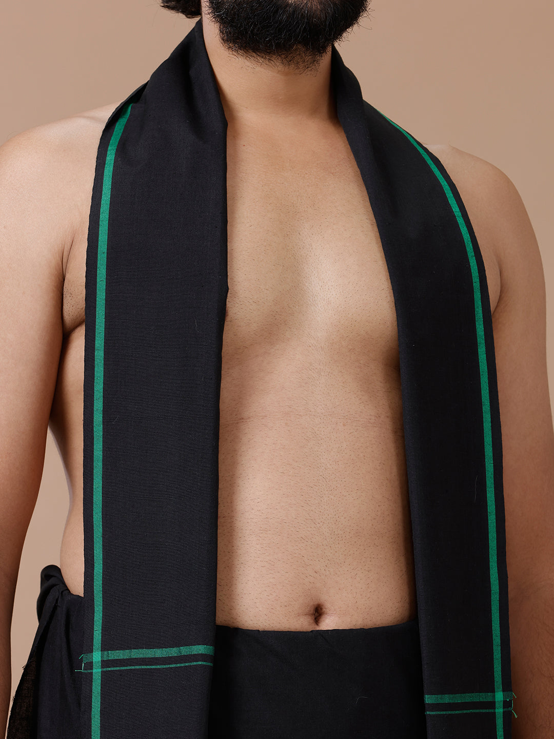 Men Cotton Blend Single Layer Black Dhoti & Towel Set with Green Big Border Makara Jyoti