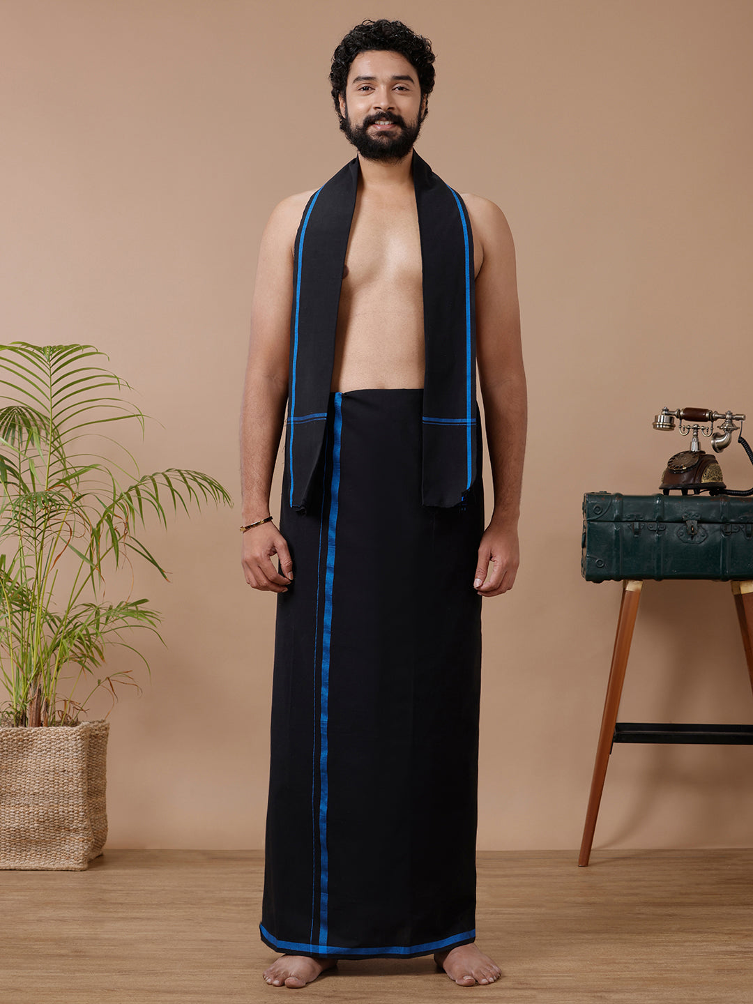 Men Cotton Blend Single Layer Black Dhoti & Towel Set with Blue Big Border Makara Jyoti
