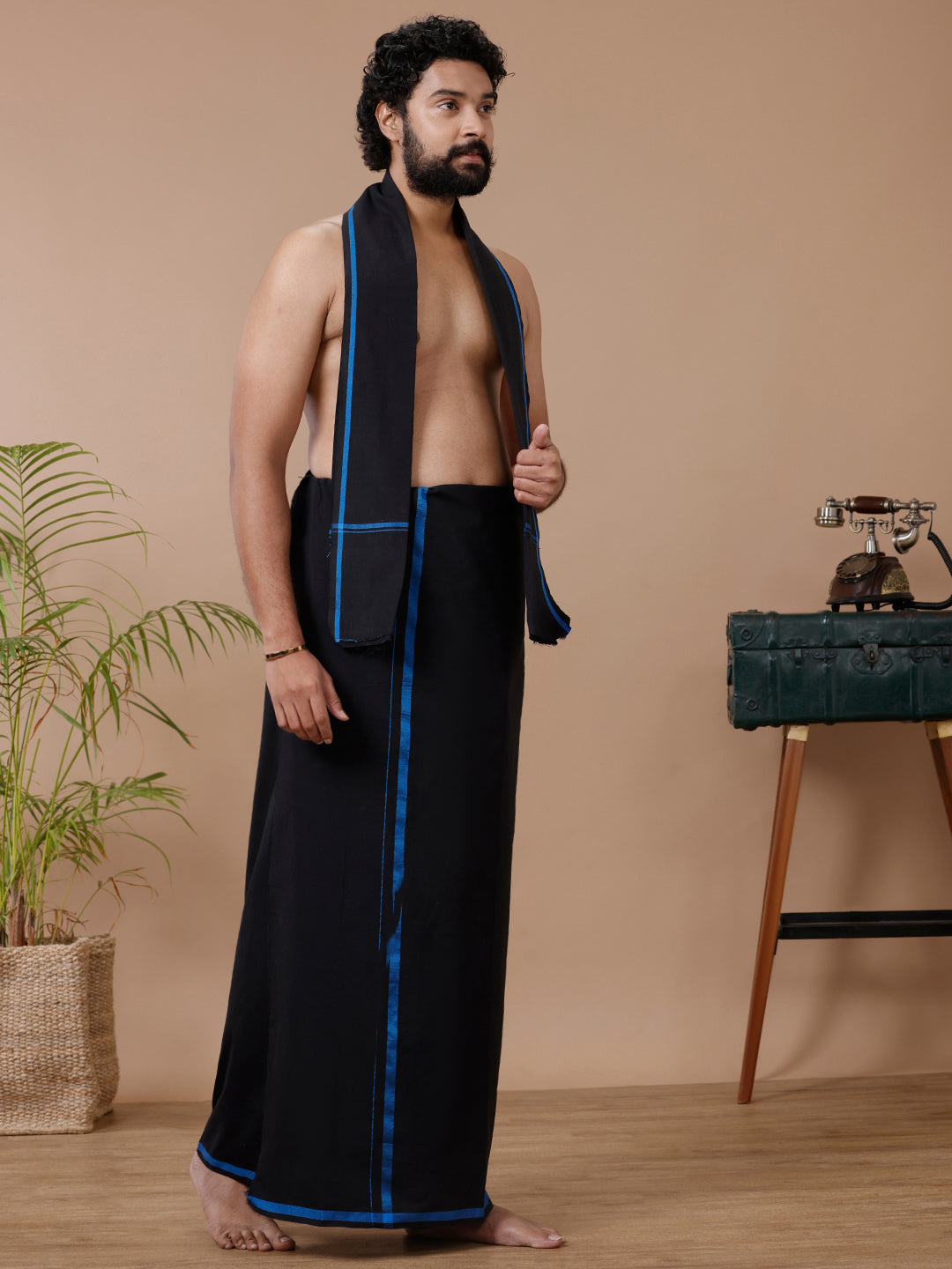 Men Cotton Blend Single Layer Black Dhoti & Towel Set with Blue Big Border Makara Jyoti