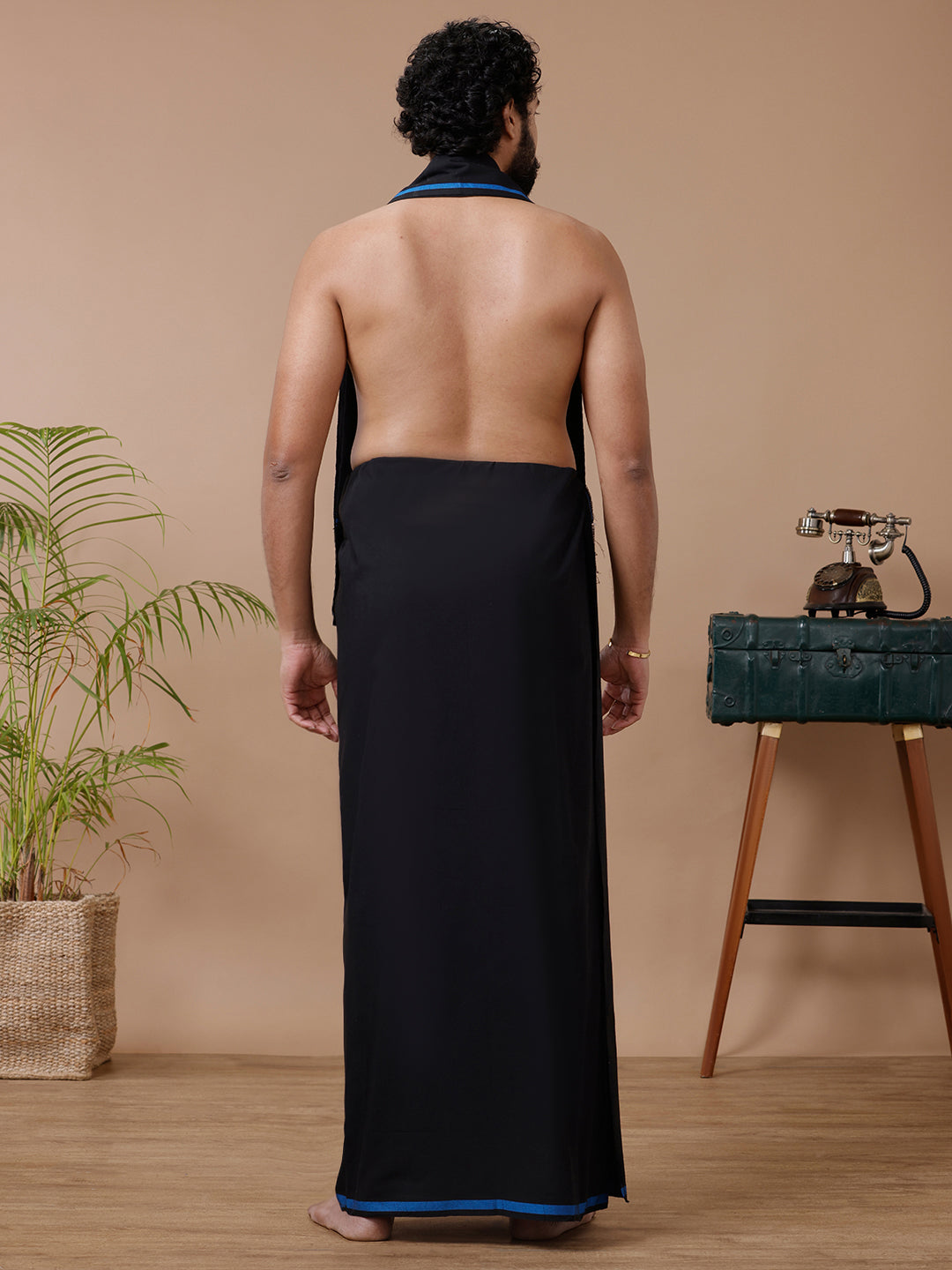 Men Cotton Blend Single Layer Black Dhoti & Towel Set with Blue Big Border Makara Jyoti