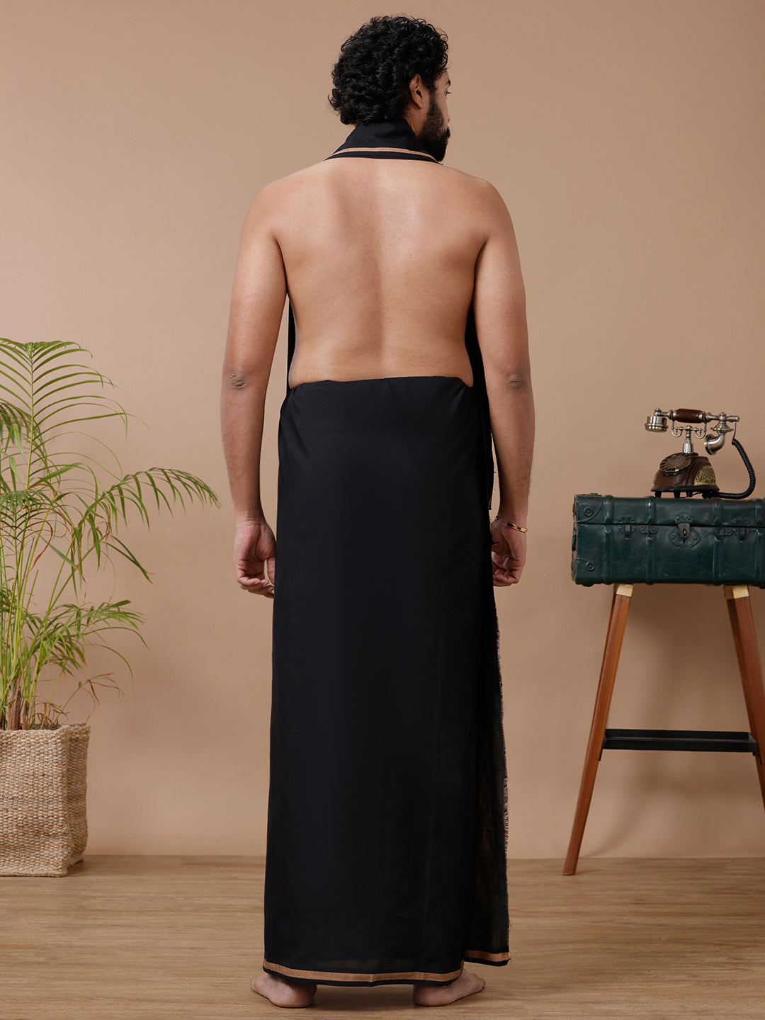 Men Cotton Blend Single Layer Black Dhoti & Towel Set with Sandal Big Border Makara Jyoti