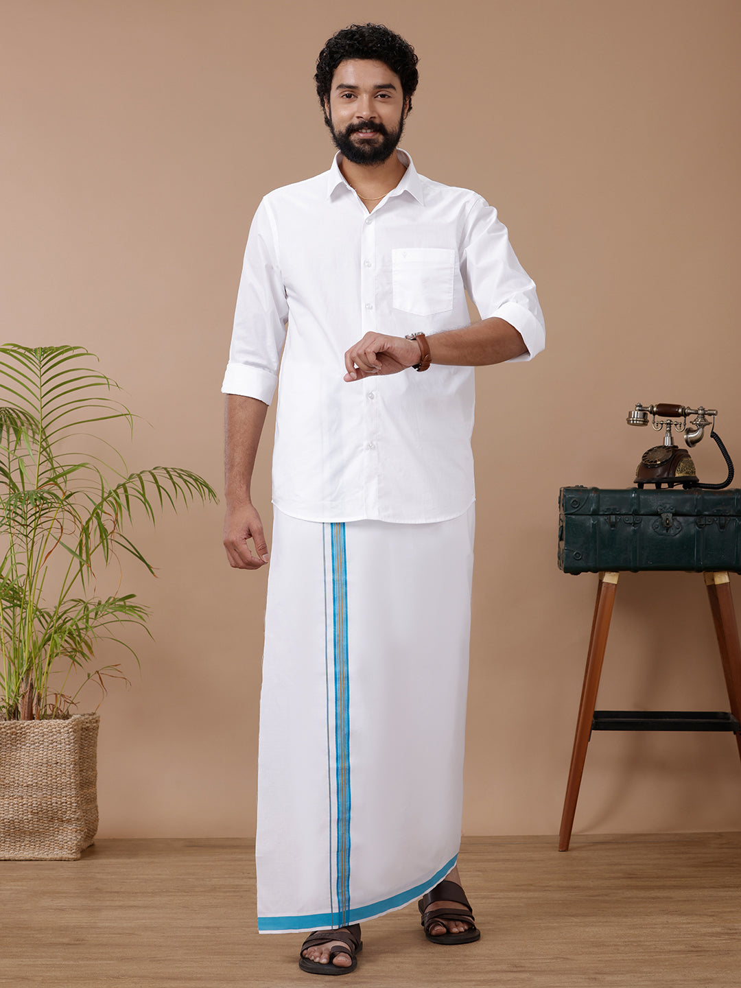 Men Cotton Blend Single Layer White Dhoti with Fancy Jari Border WGF06