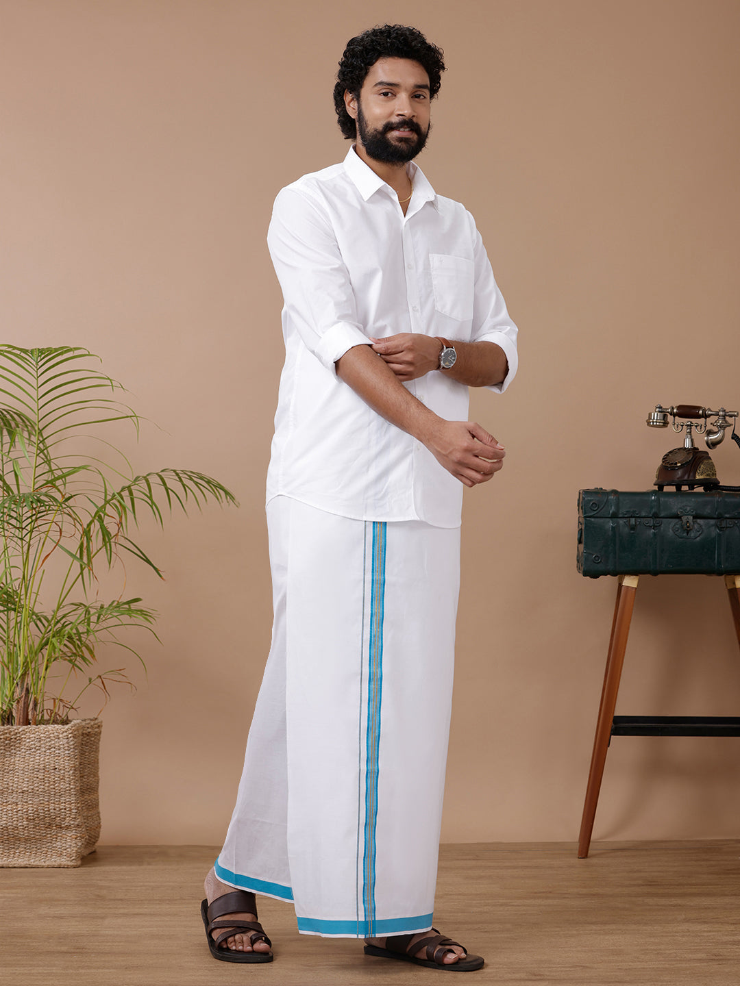 Men Cotton Blend Single Layer White Dhoti with Fancy Jari Border WGF06