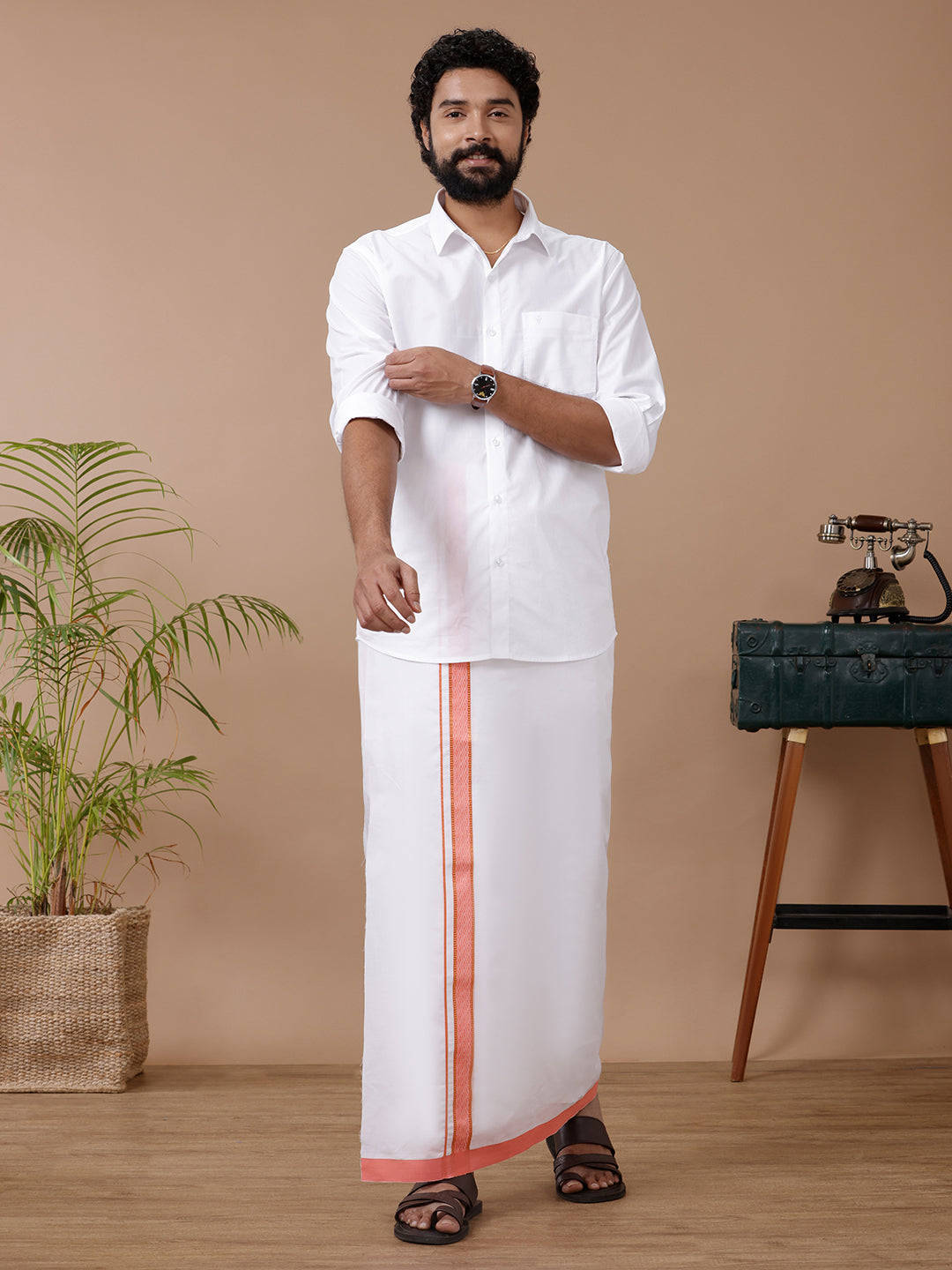 Men 100% Cotton Single Layer White Dhoti with Fancy Jari Border GR04