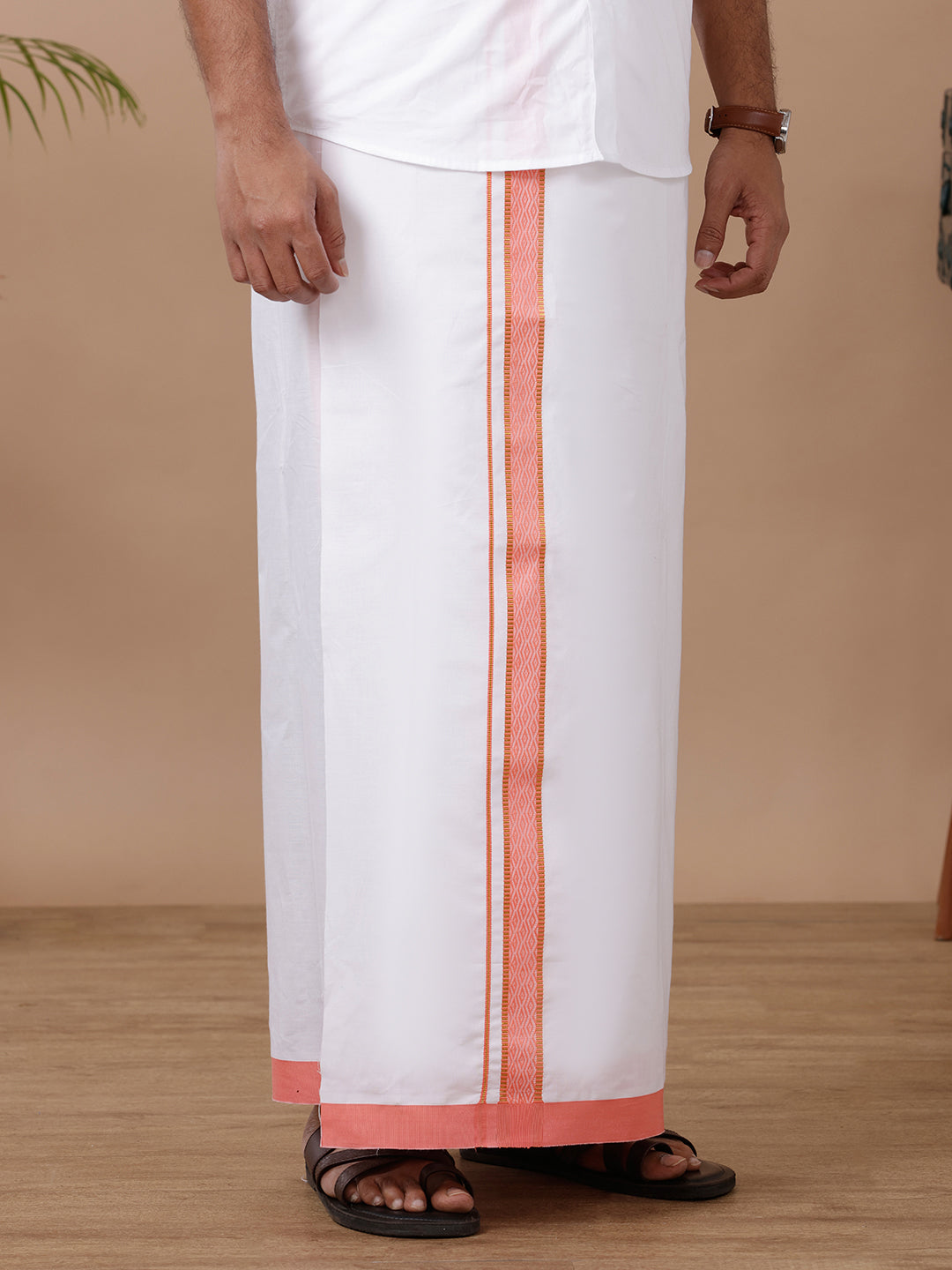 Men 100% Cotton Single Layer White Dhoti with Fancy Jari Border GR04