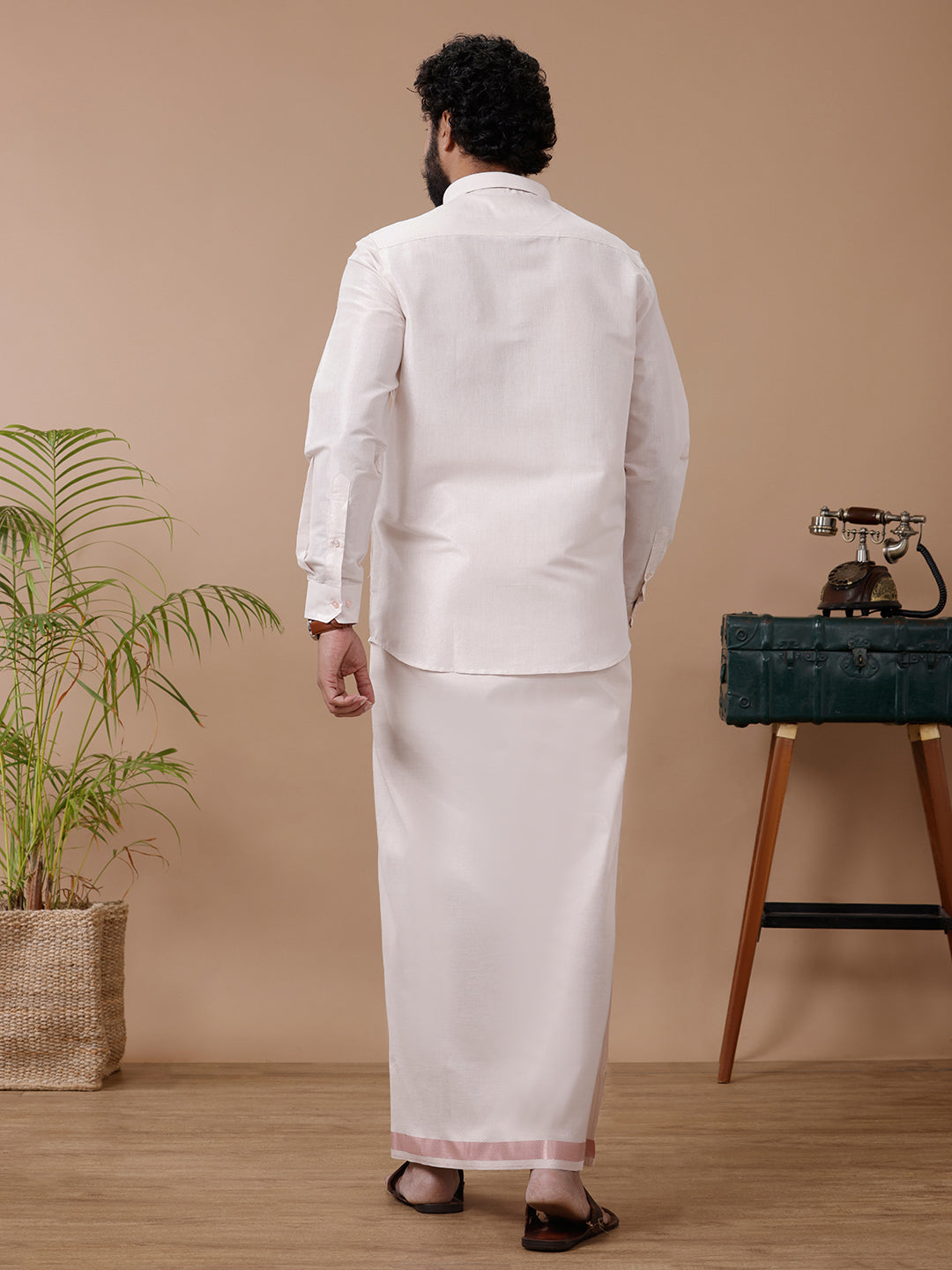 Men Tissue Rose Gold Dhoti & Shirt Set