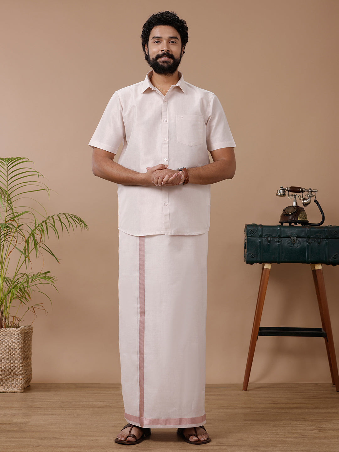 Men Tissue Rose Gold Dhoti & Half Sleeves Shirt Set Men Tissue Rose Gold Dhoti & Half Sleeves Shirt Set