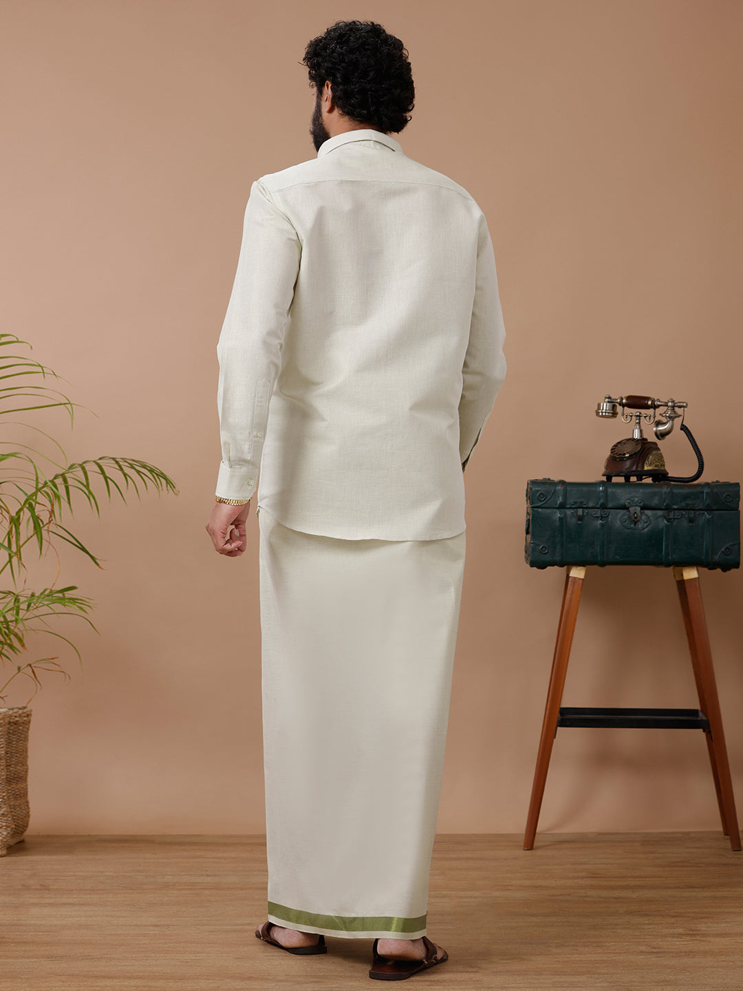 Men Tissue Moss Green Dhoti & Shirt Set