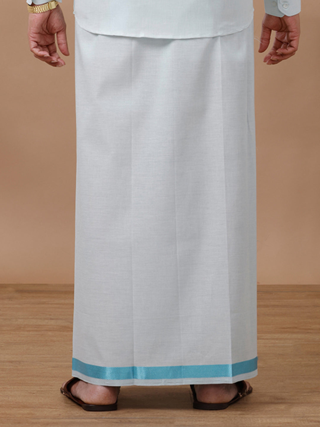 Men Tissue Single Layer Cyan Blue Dhoti with Jari Border